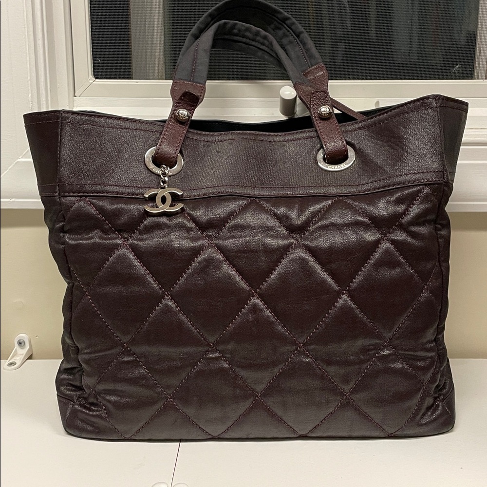 Authentic CHANEL Paris Biarritz Coated Canvas Tote Bag Burgundy